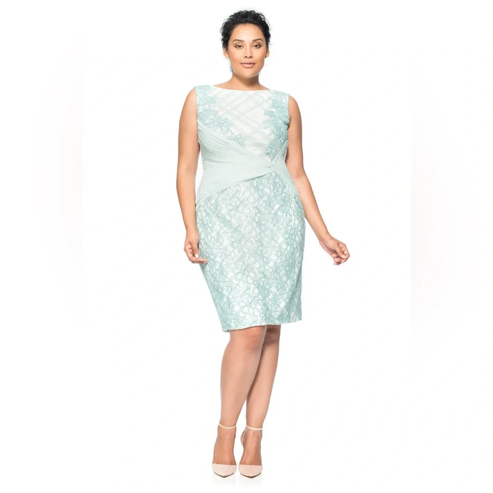 Tadashi Shoji EMBROIDERED TULLE PLEATED Lace Sheath Green Mint DRESS 18Q Easter